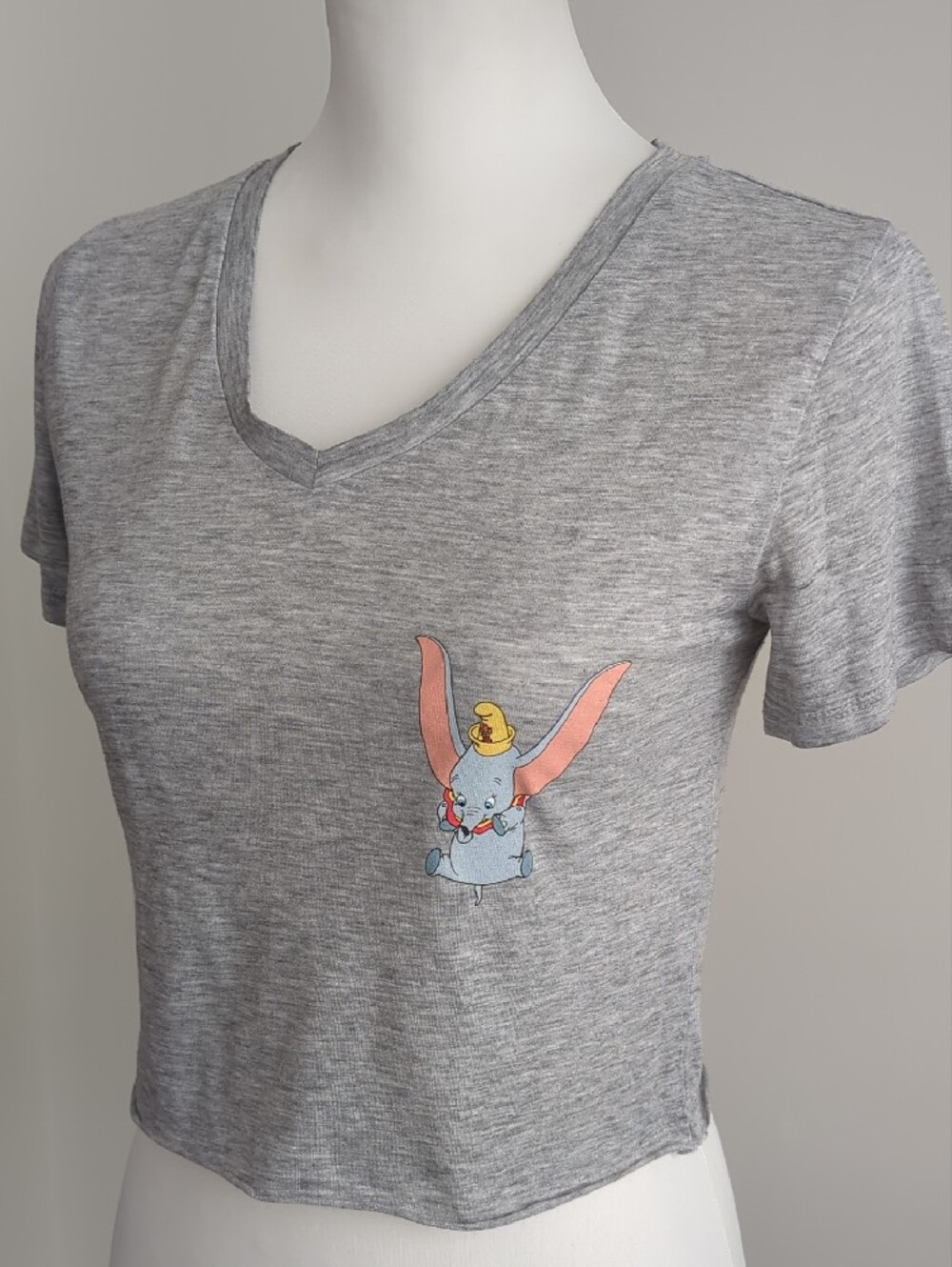 Disney Heather Gray Dumbo Graphic V-Neck Crop Tee T-Shirt XS